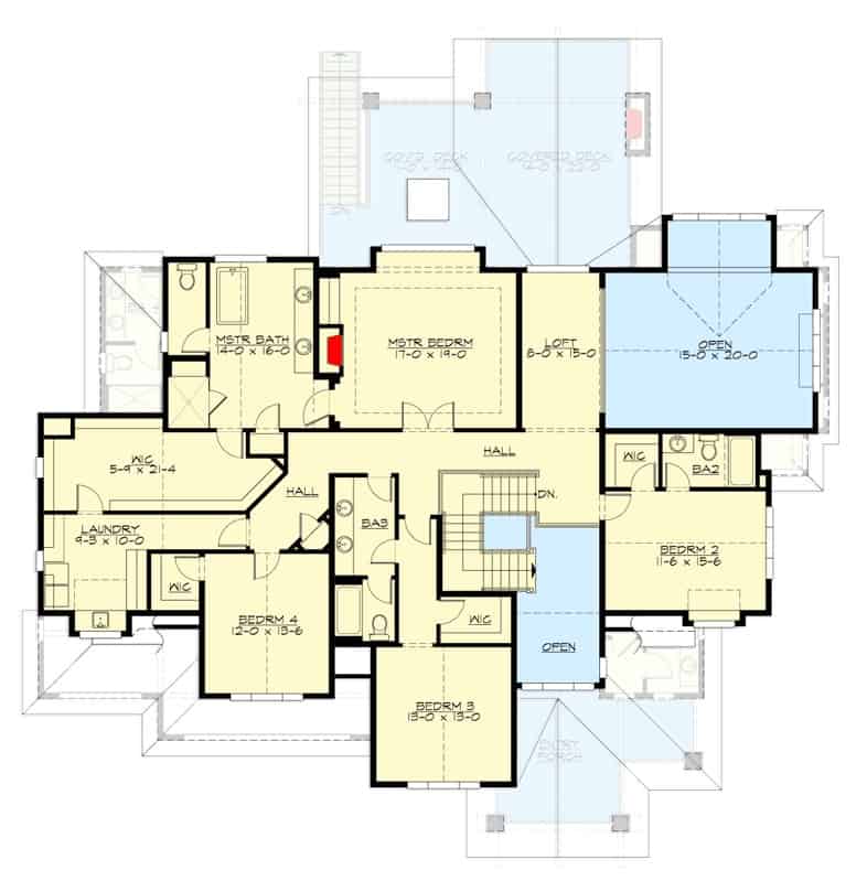 二层平面图，带阁楼和四间卧室，包括主套房。