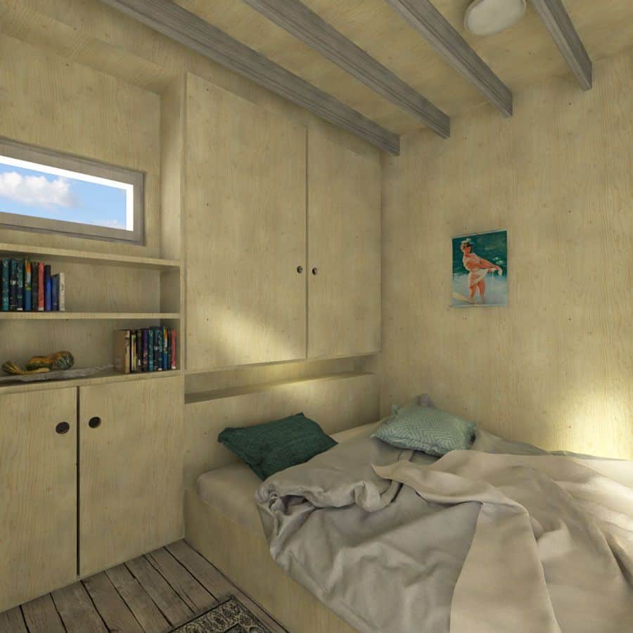 卧室里有一张嵌壁式床和几个柜子，还有一扇天窗，可以让自然光照进来。
