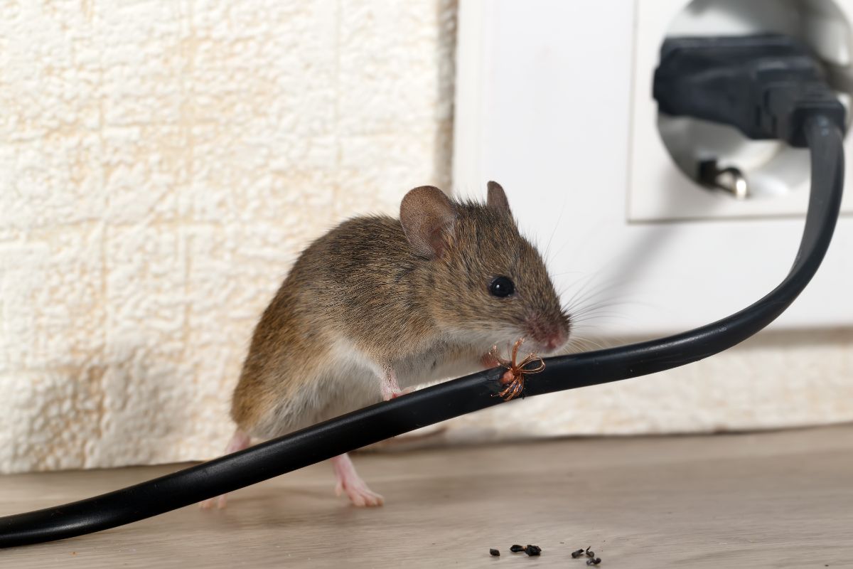一只老鼠在啃电线。