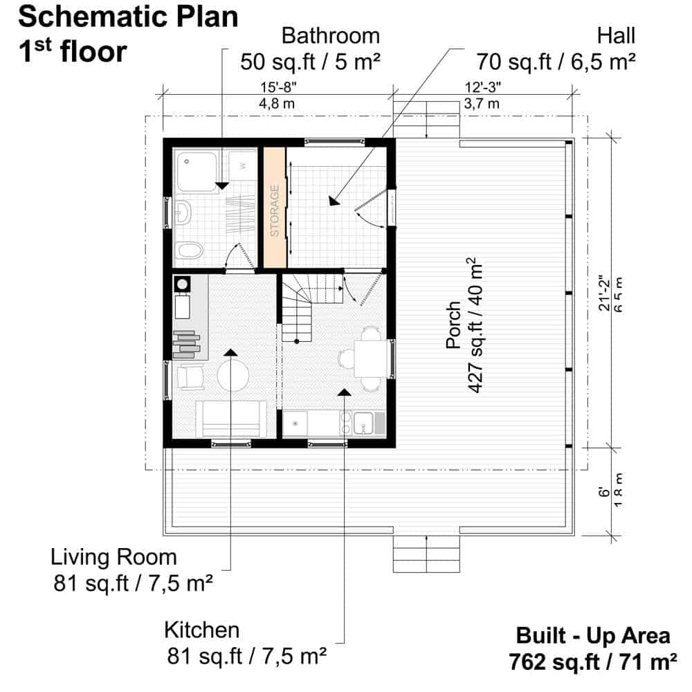 一个2卧室的两层Oaklynn谷仓房子的主要楼层平面图，带有客厅，用餐厨房，浴室和环绕式门廊。