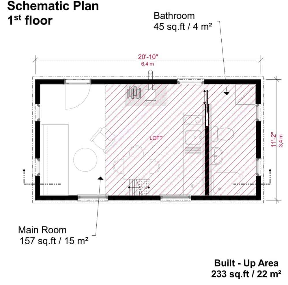 一个小单层Skylar小屋的主要楼层平面图，设有客厅，用餐区，小厨房，浴室和阁楼。