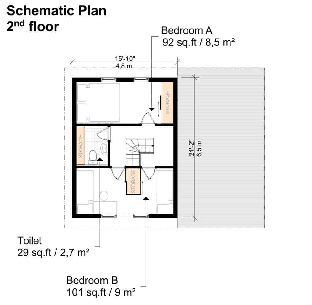 二层平面图，两间卧室共用一间浴室。