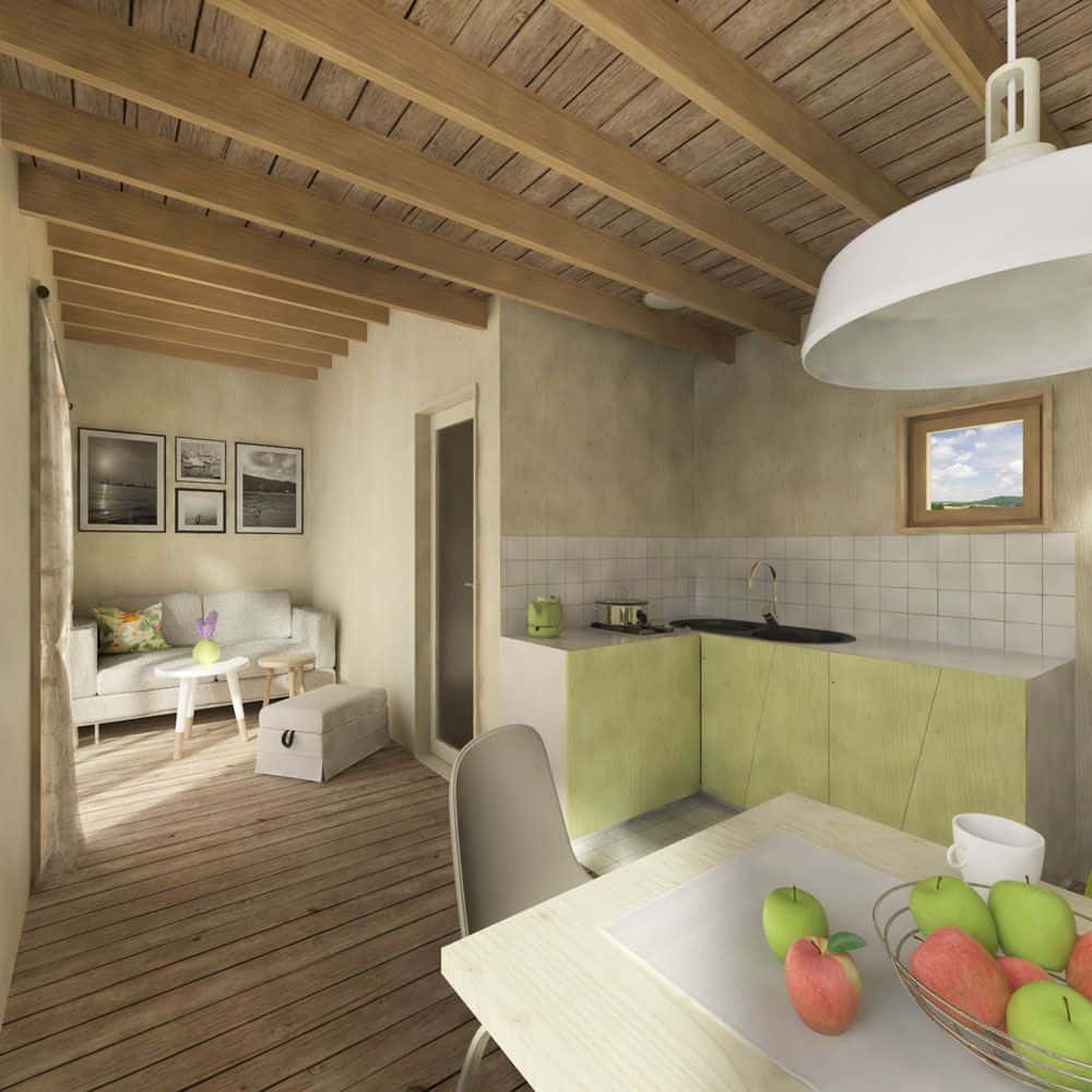 开放式起居空间，内有米色沙发、木制餐台和l型小厨房。