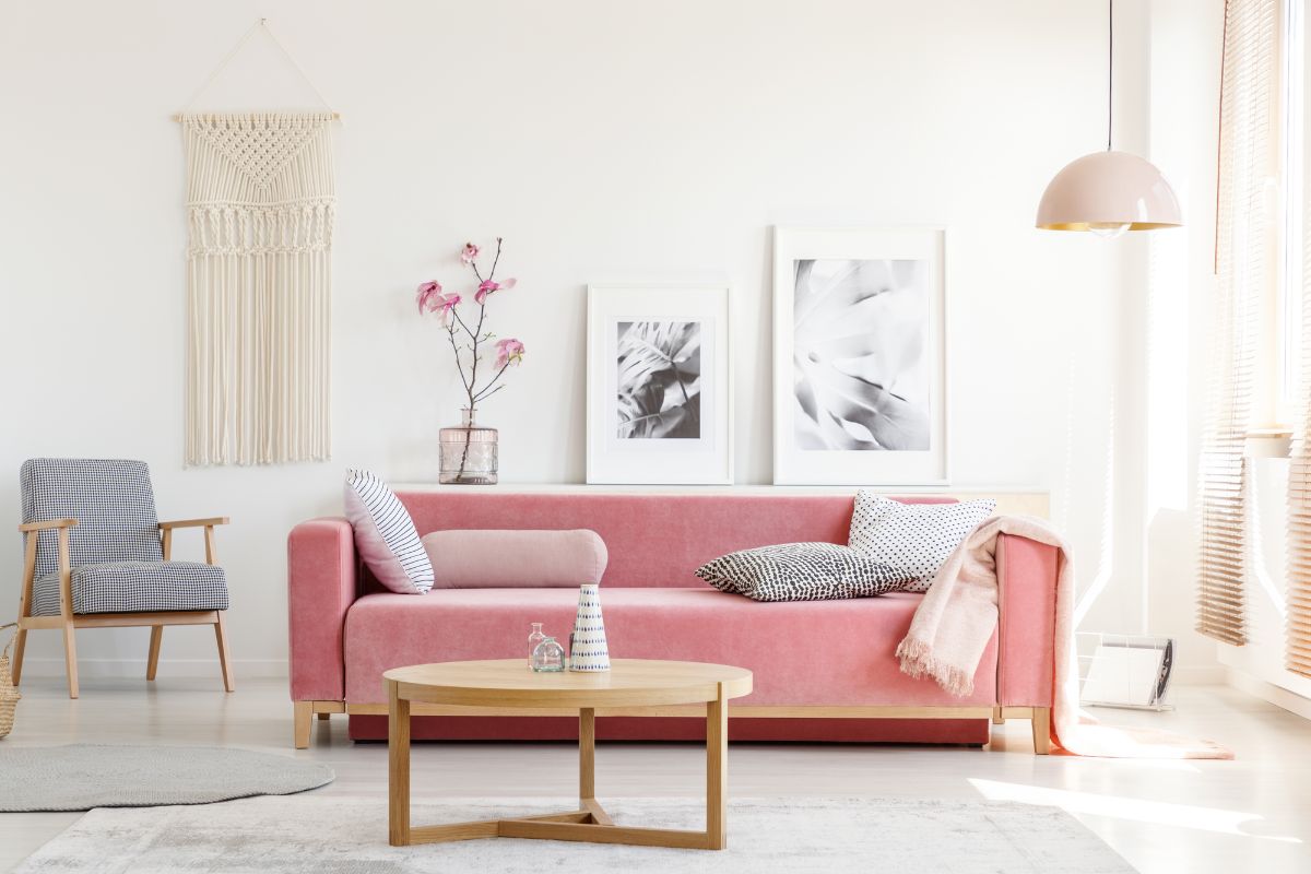 最小的白色客厅与粉红色的沙发上