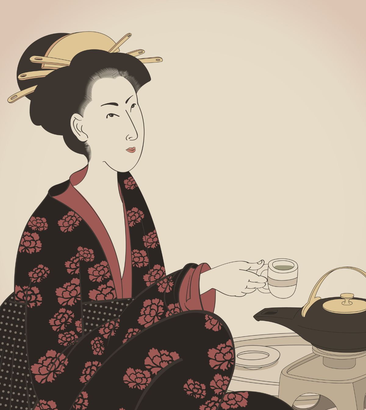 日本绘画,一个女人拿着茶。