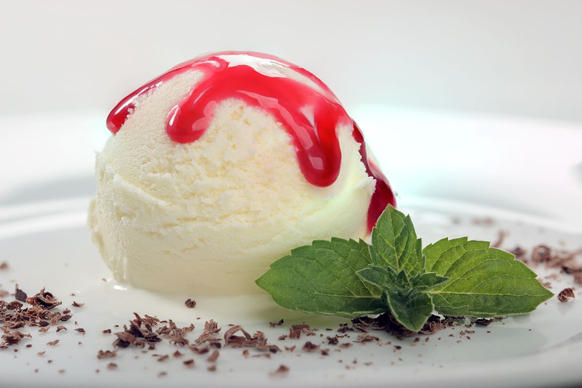 番茄罗勒格兰尼塔配香草冰淇淋。