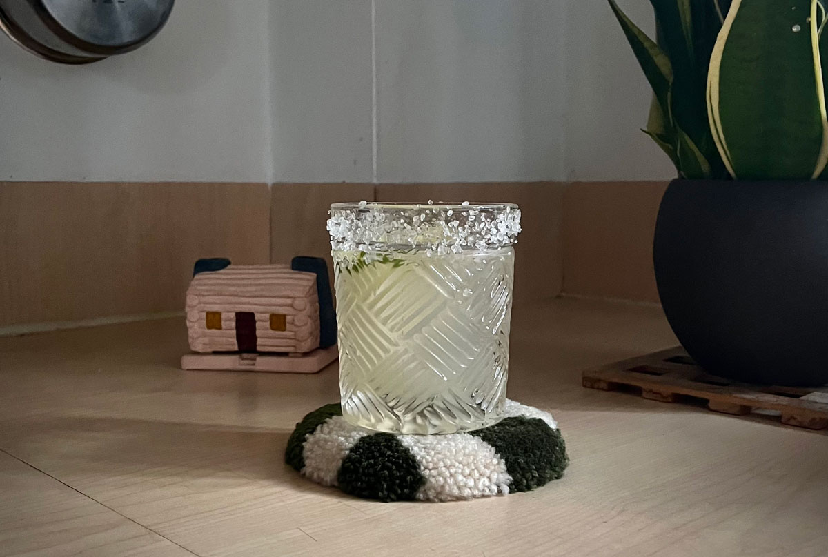 一杯卡迪拉克玛格丽塔和一株室内植物。