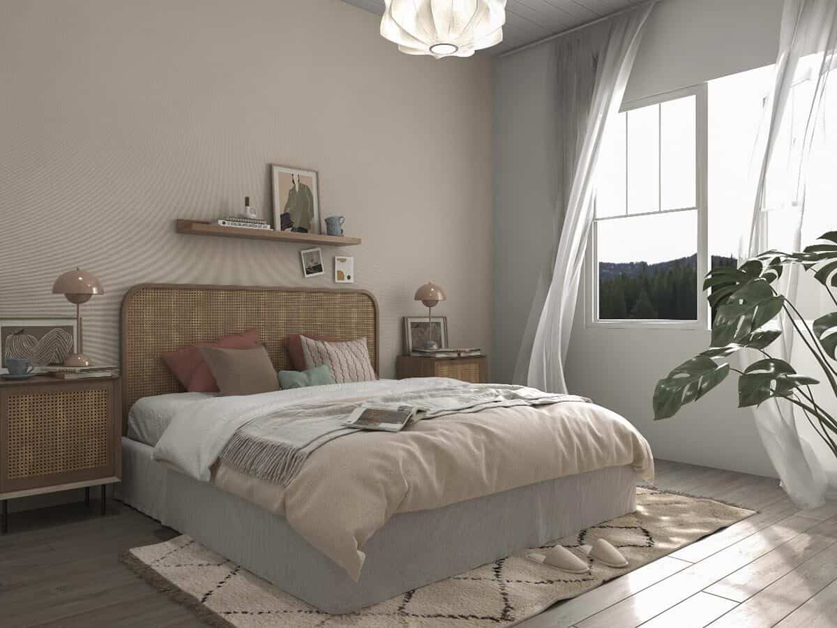 这间卧室有宽木板地板和一张柳条床，配有配套的床头柜。