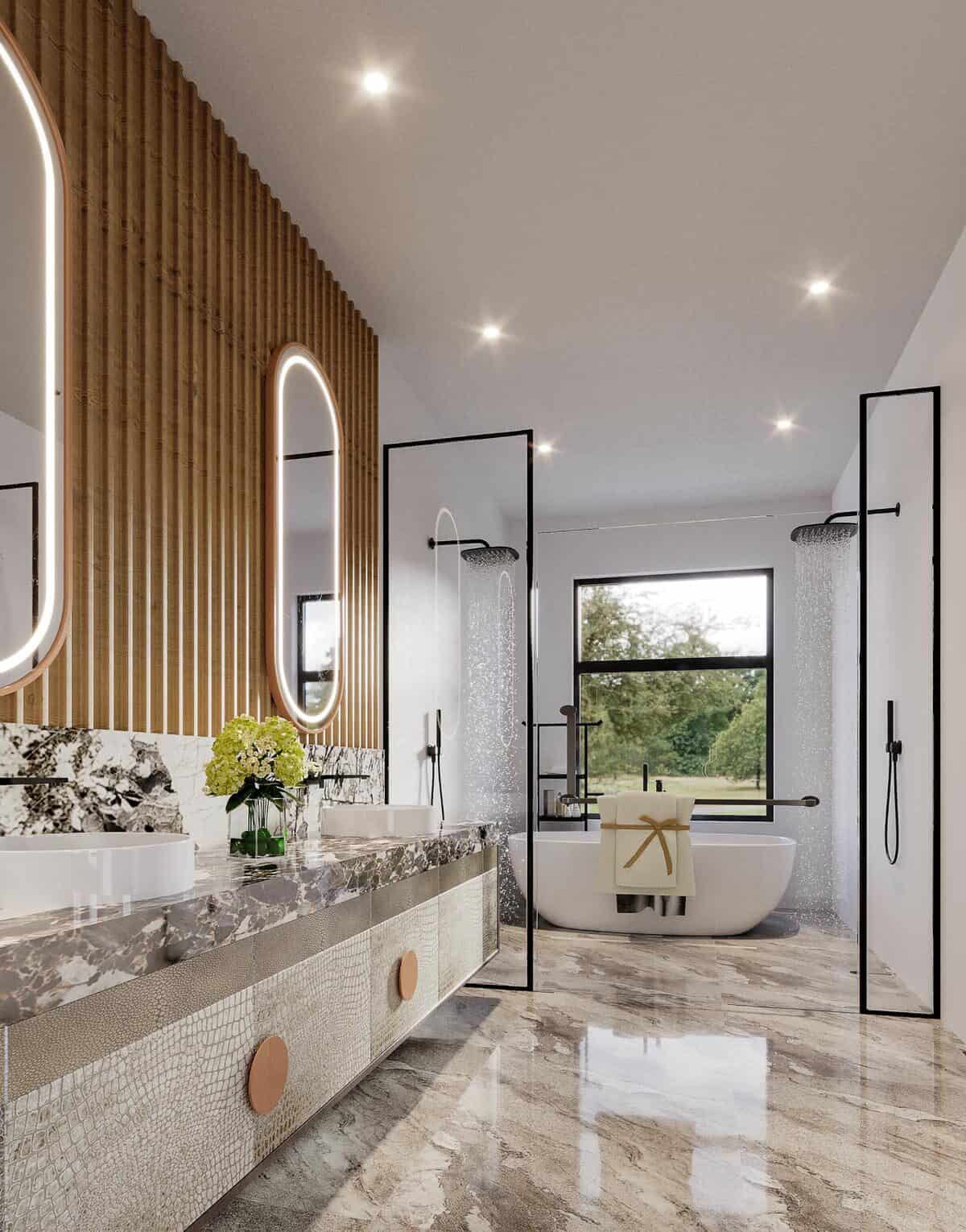 主浴室包括一间带两个淋浴喷头和一个深泡浴缸的湿房。