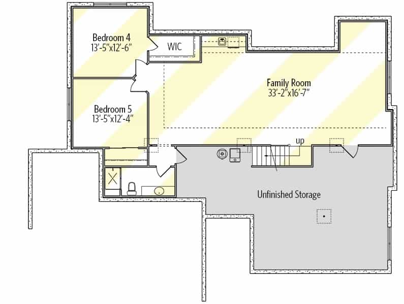 二层平面图有三间卧室，一间游戏室和未完成的储藏室。