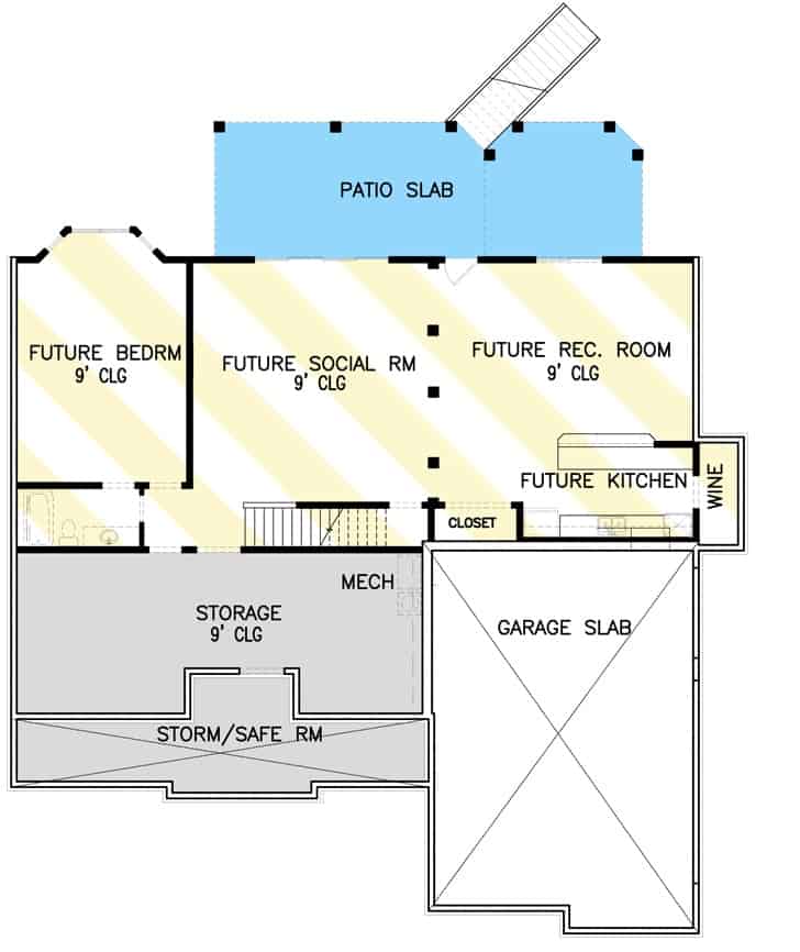 低层平面图，未来的卧室，社交室，娱乐室和带酒窖的完整厨房。