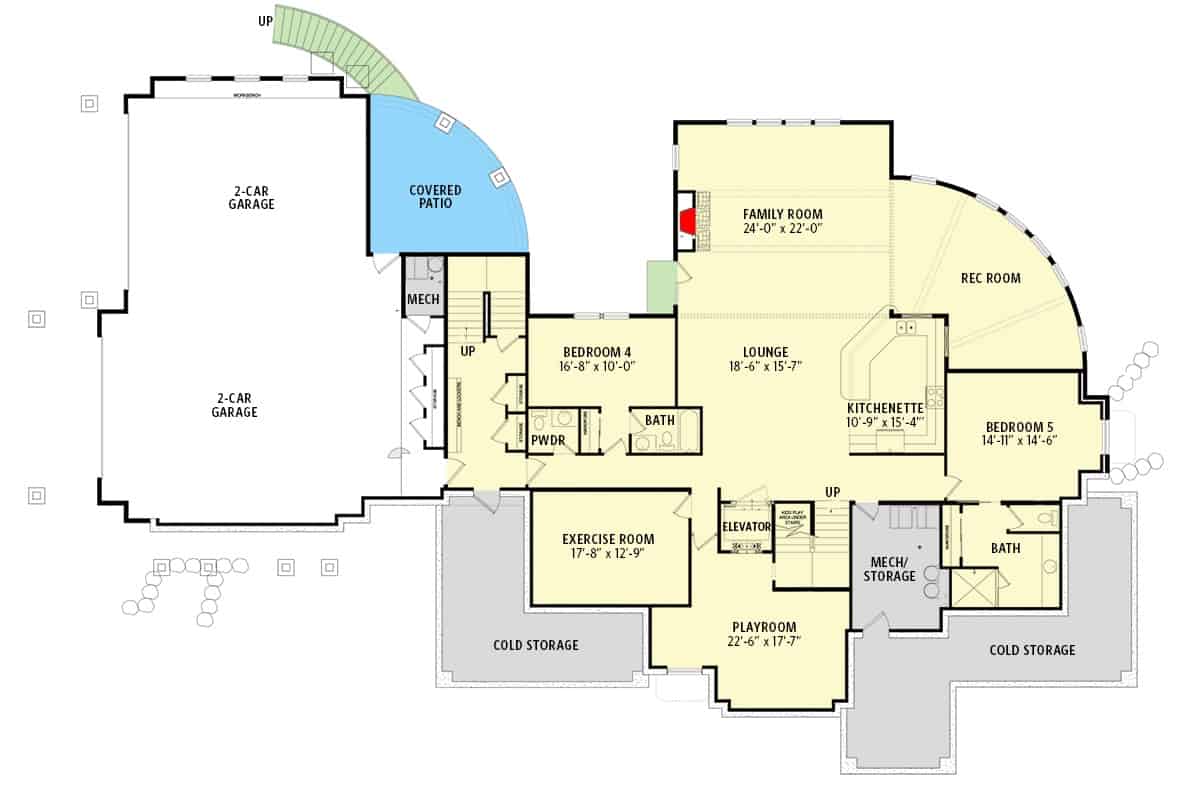 低层平面图有4车位车库，两间卧室，娱乐室，家庭娱乐室，小厨房，休息区和健身房。