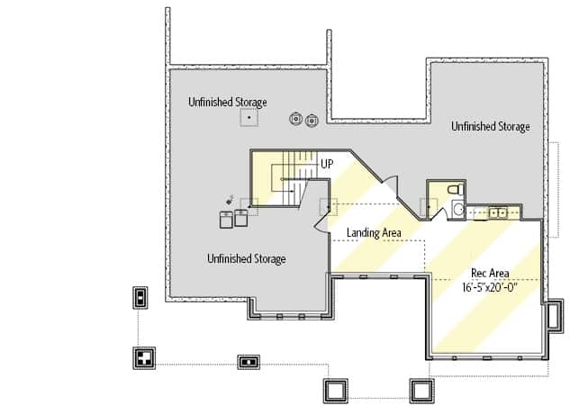 较低的楼层平面图有一个降落区和娱乐室。