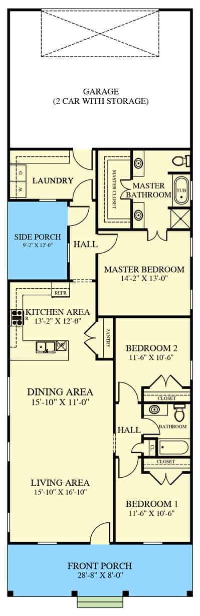 3主级平面图的卧室老南方的小屋门廊,客厅,餐厅,厨房,边玄关,洗衣房,导致后面的车库。