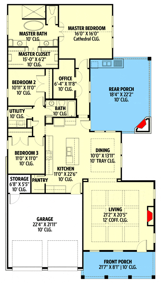 三卧室单层南方住宅的主要楼层平面图，设有客厅，用餐区，厨房，三间卧室，办公室和双车库。