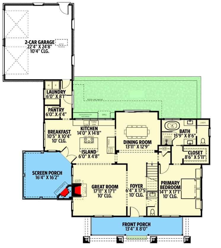 四卧室两层新美国住宅的主楼层平面图，设有门厅，大房间，餐厅，厨房，洗衣房，后车库和大量户外空间。