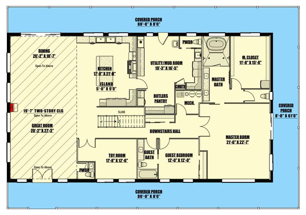 6卧室两层公寓的主楼层平面图，设有大房间，厨房，用餐区，玩具室，公用设施和两间卧室，包括主套房。