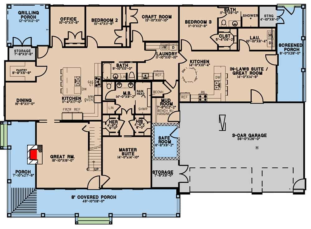 现代3卧室单层农舍的主要楼层平面图，设有大房间，用餐区，厨房，工艺室，办公室，姻亲套房和充足的户外空间。
