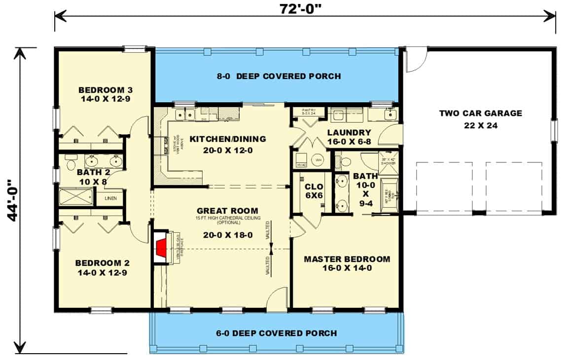 主级的平面图3层楼的卧室国家带回家一个大房间,结合厨房/餐饮、洗衣间,双车库,深覆盖的门廊。