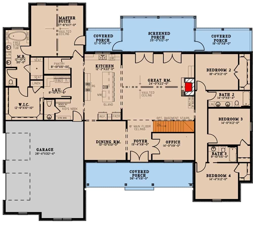 单层现代风格4卧室农舍的主平面图，设有门厅，大房间，厨房，洗衣房，儿童角落，双车库和大量户外空间。