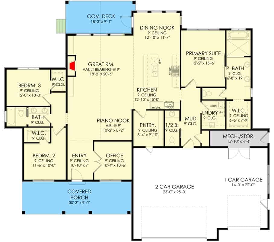现代7卧室单层农舍的主平面平面图，设有门厅，大房间，厨房，餐厅角落，三间卧室和通往车库的储藏室。