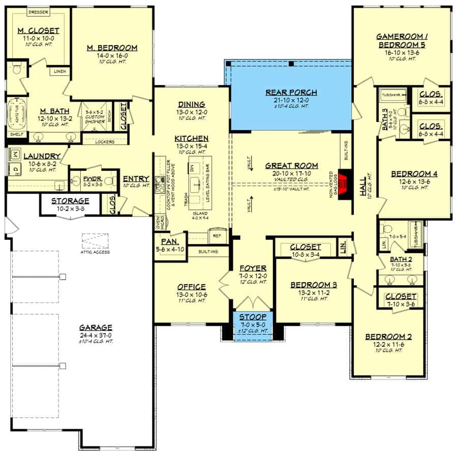过渡性单层5卧室住宅的主要楼层平面图，带有门厅，大房间，厨房，餐厅，洗衣房，办公室和一个超大的3车位车库。
