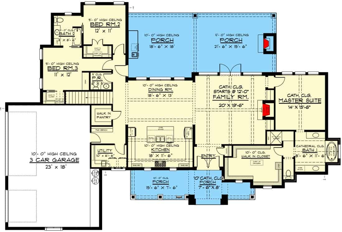 3主级两层的平面图卧室新美国农场门厅,旅馆的房间,厨房,书房,三个卧室,寄存室导致车库,和大量的室外空间。