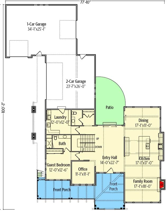 两层四卧室的山地现代住宅的主要楼层平面图，设有门厅、家庭活动室、厨房、餐厅、客房和通往后车库的洗衣房。