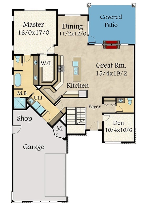 两层现代风格3卧室住宅的主平面平面图，设有门厅，大房间，厨房，用餐区，书房，主套房和通往车库的杂物间。