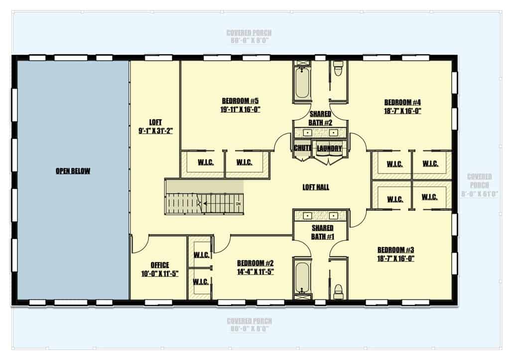 二楼平面图，有四间卧室，一间办公室和一间阁楼。