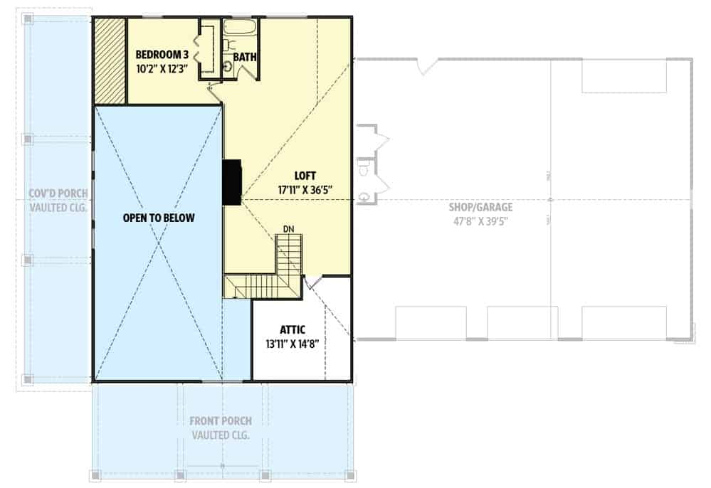 第二层平面图，带阁楼和卧室。