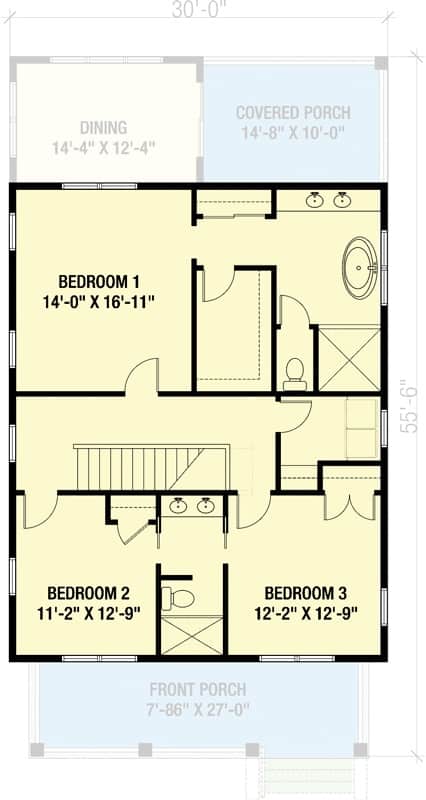 二层平面图有三间卧室和两间浴室。