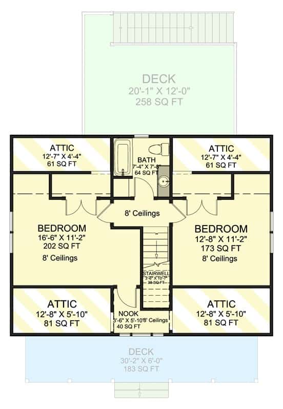 二级平面图有两间卧室和一个共享浴室。