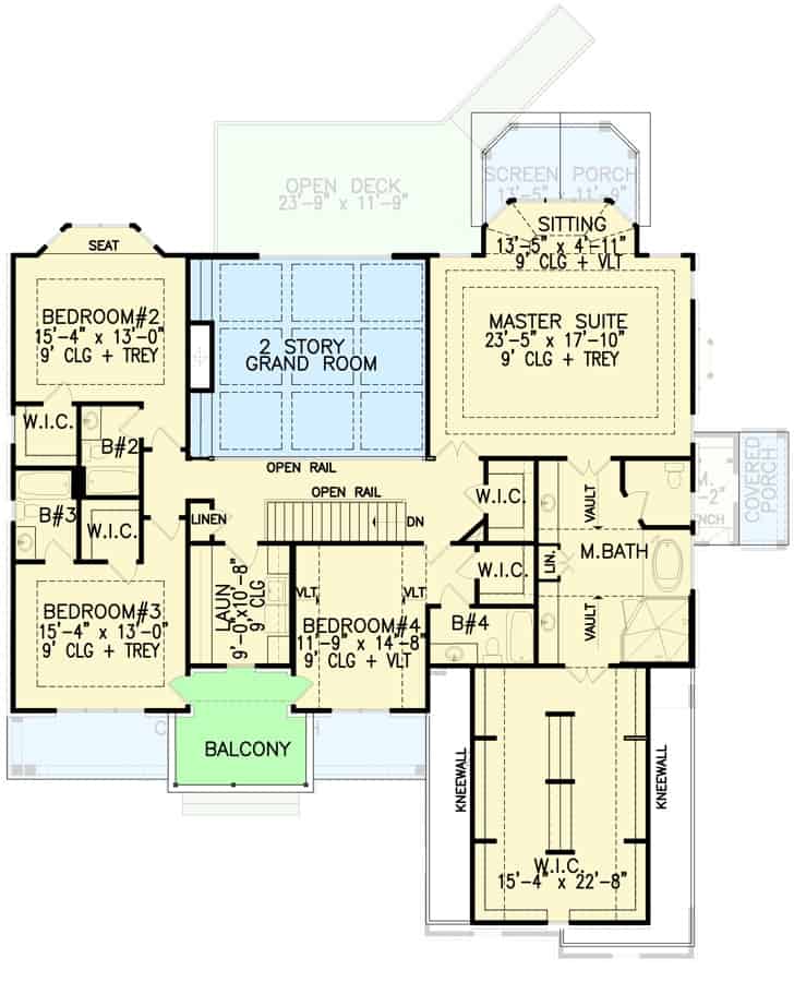 二层平面图，洗衣间和四间卧室，包括主套房。