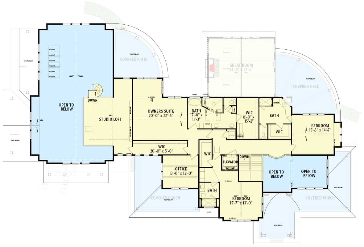 二层平面图，设有一间工作室阁楼，办公室和三间卧室，包括主要套房。