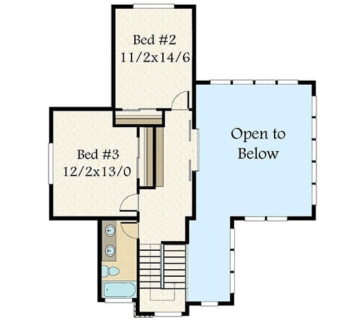 二楼平面图，两间卧室共用一个4个固定浴室。