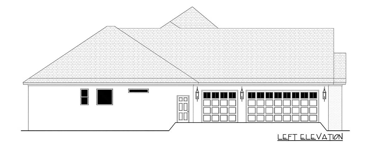 过渡性单层五卧室住宅的左立面草图。