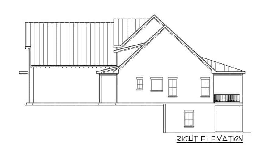 三卧室乡村风格的两层小屋的右立面草图。