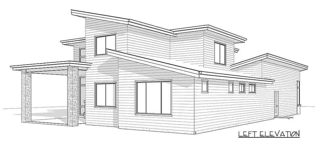 左侧两层现代风格三卧室住宅的立面草图。