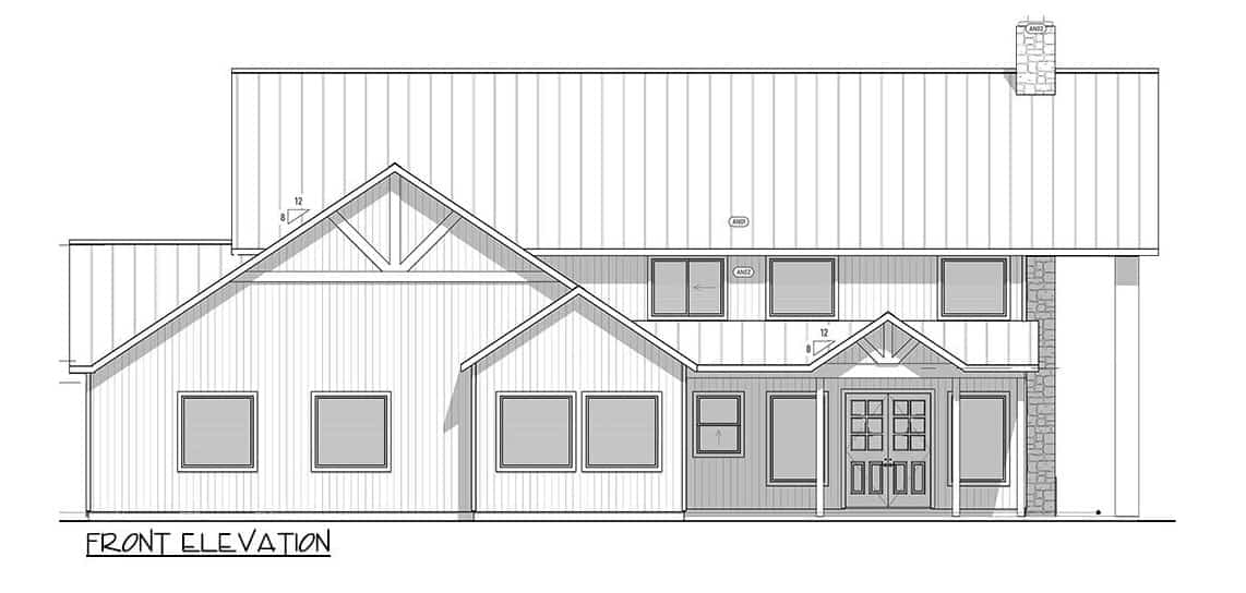 两层乡村三卧室谷仓式住宅的正面立面草图。