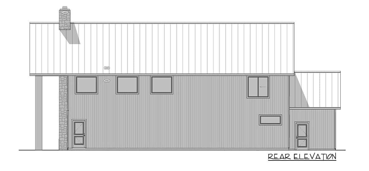 两层乡村三卧室谷仓式住宅的后立面草图。