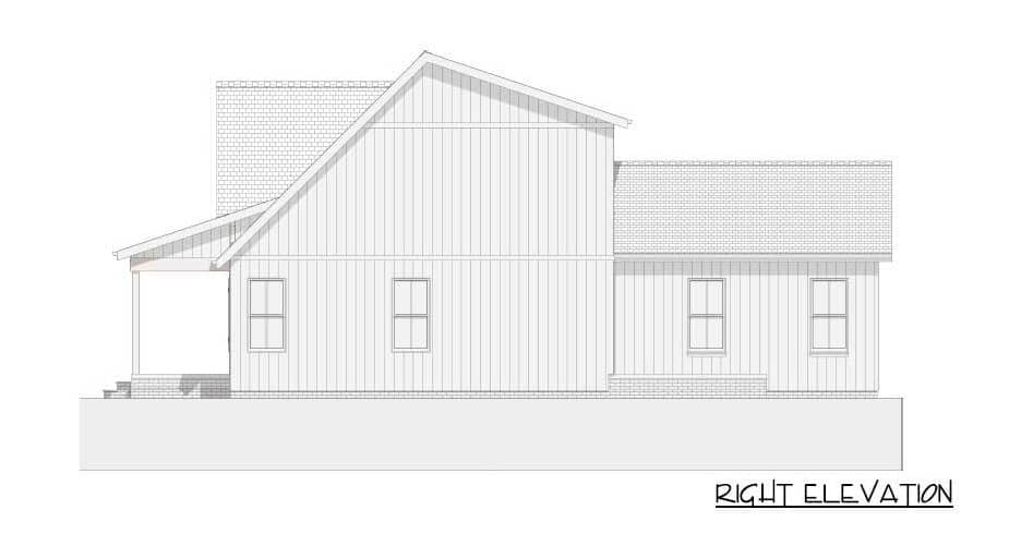 四卧室南方风格单层对称农舍的右立面草图。