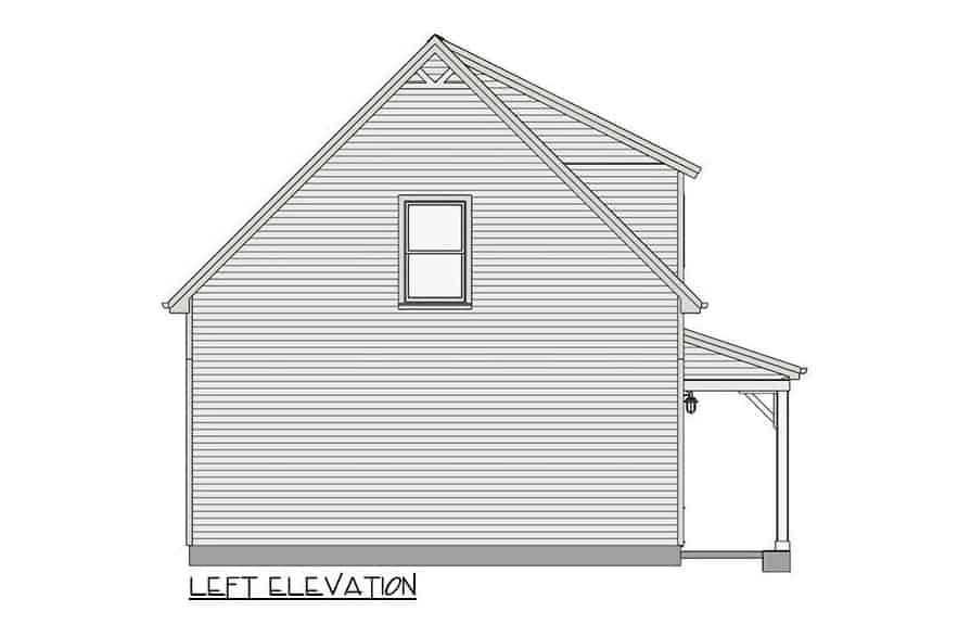 乡村风格一卧室两层马车屋的左立面草图。