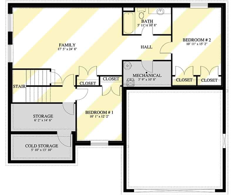 较低楼层平面图，设有家庭娱乐室和两间卧室，共用一个完整的浴室。