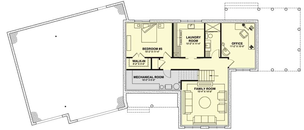 较低楼层平面图，办公室，家庭活动室，洗衣房和另一间卧室。