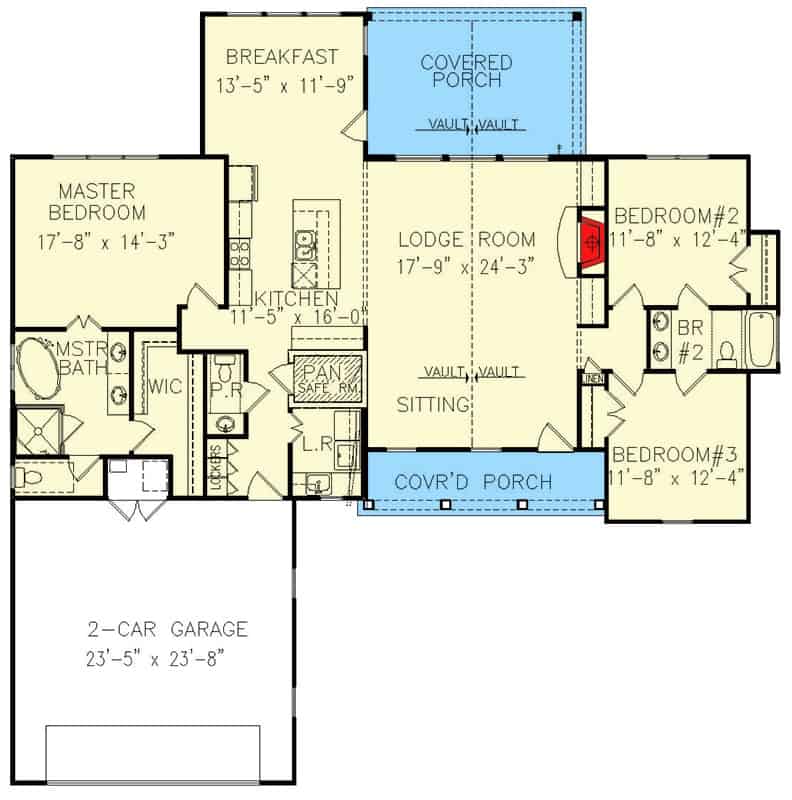 3间卧室的现代单层农舍的主要楼层平面图，带有前后门廊，小屋，厨房，早餐角，洗衣房和通往车库的储藏室。