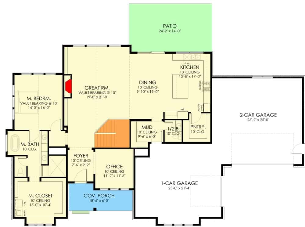 三卧室单层过渡住宅的主要楼层平面图，设有门厅、办公室、大房间、用餐区、厨房、主要套房和一间通往车库的储藏室。