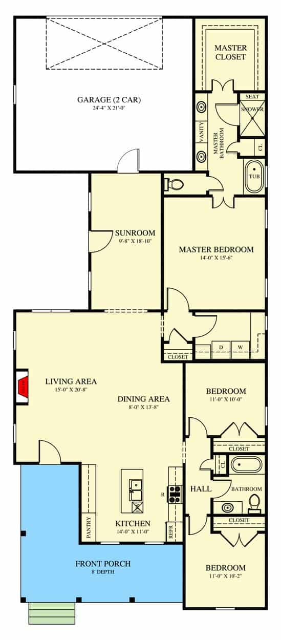 三卧室南部单层小屋的主平面平面图，设有前廊，客厅，用餐区，厨房，三卧室和一间通往后车库的阳光房。