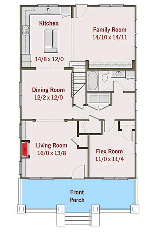 四卧室工匠风格的两层小屋的主要楼层平面图，带有前廊，客厅，用餐区，厨房，家庭娱乐室，完整的浴室和伸缩室。