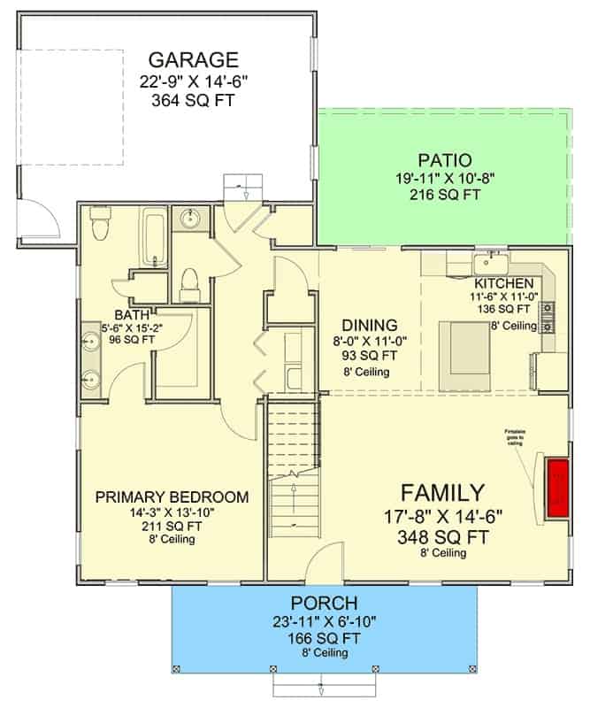 四卧室南方风格单层对称农舍的主平面平面图，设有家庭活动室，用餐区，厨房，主卧室和后车库。